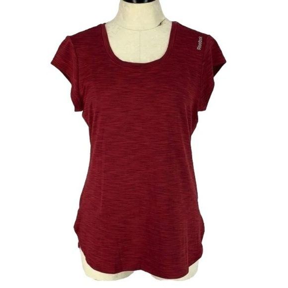 Reebok Woman's Burgundy Rounded Hem Athletic Short Sleeve Shirt Size Medium - Picture 1 of 8
